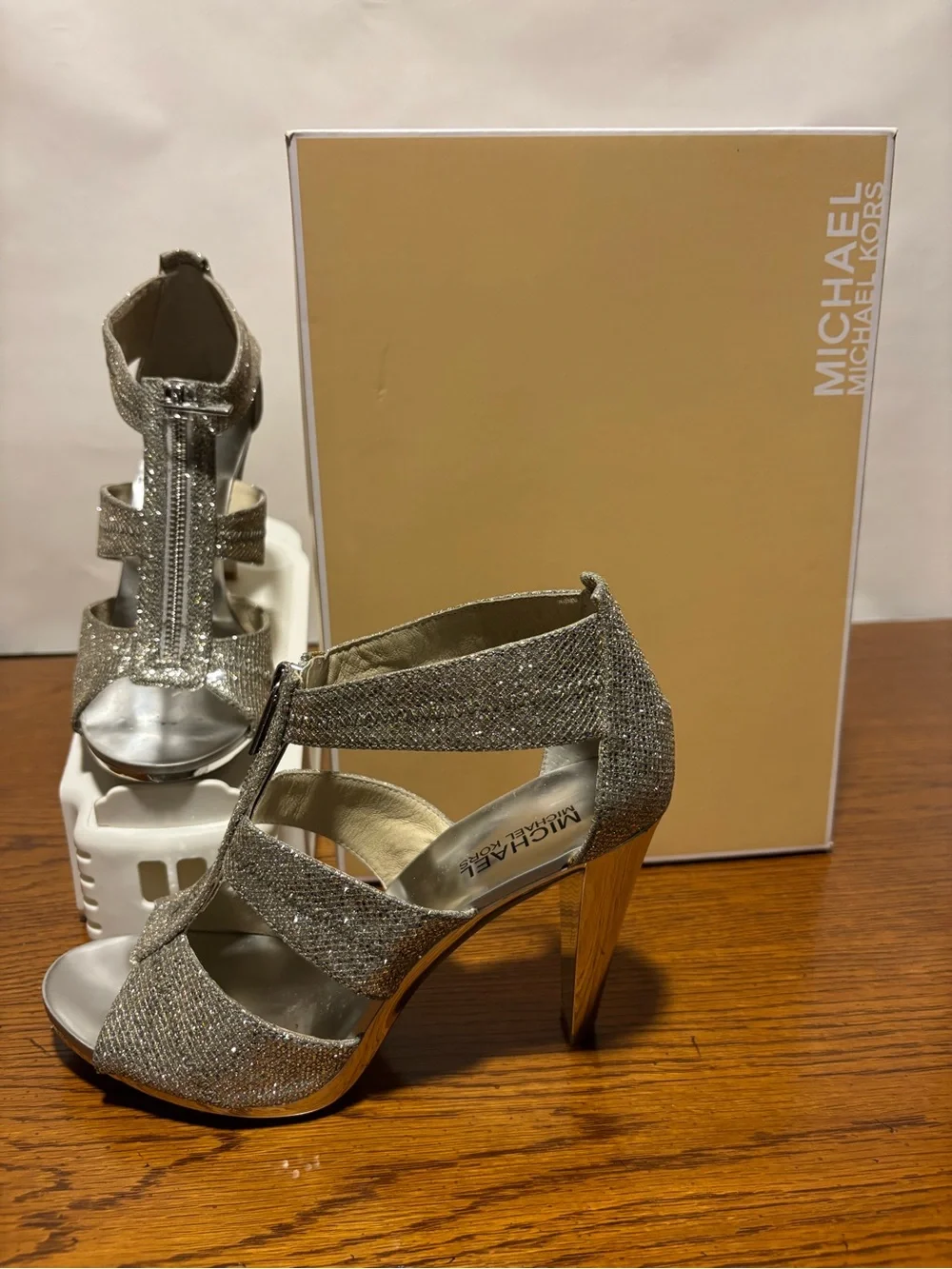 Michael Kors Silver Glitter Open-Toe High Heel Sandals